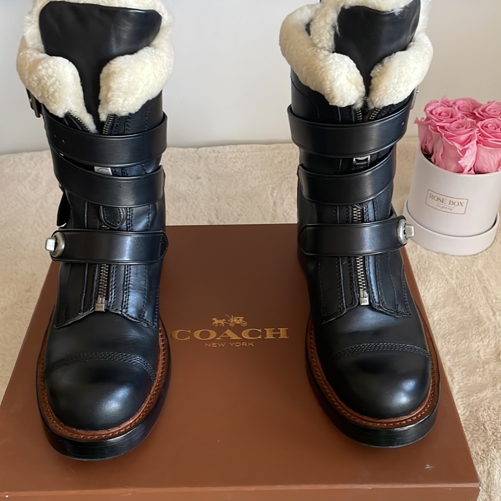 Coach 1941 Black Leather Womens Moto Boot with Shearling 2 inch heel size 8 M. - Picture 14 of 16